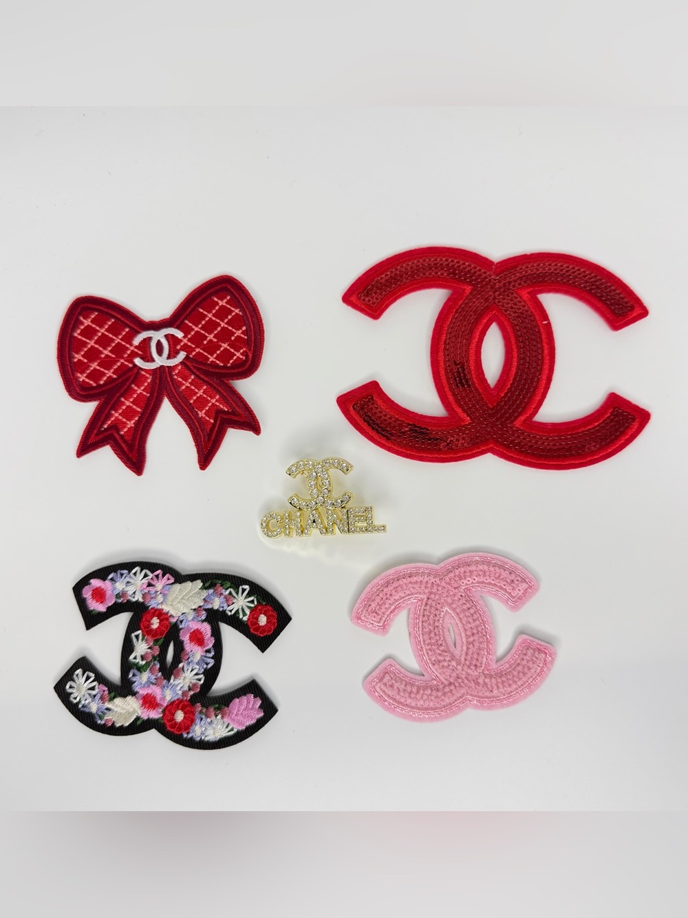 5 Pc Designer Red & Pink Logo and Bow Patch Set with Gold Emblem Brooch